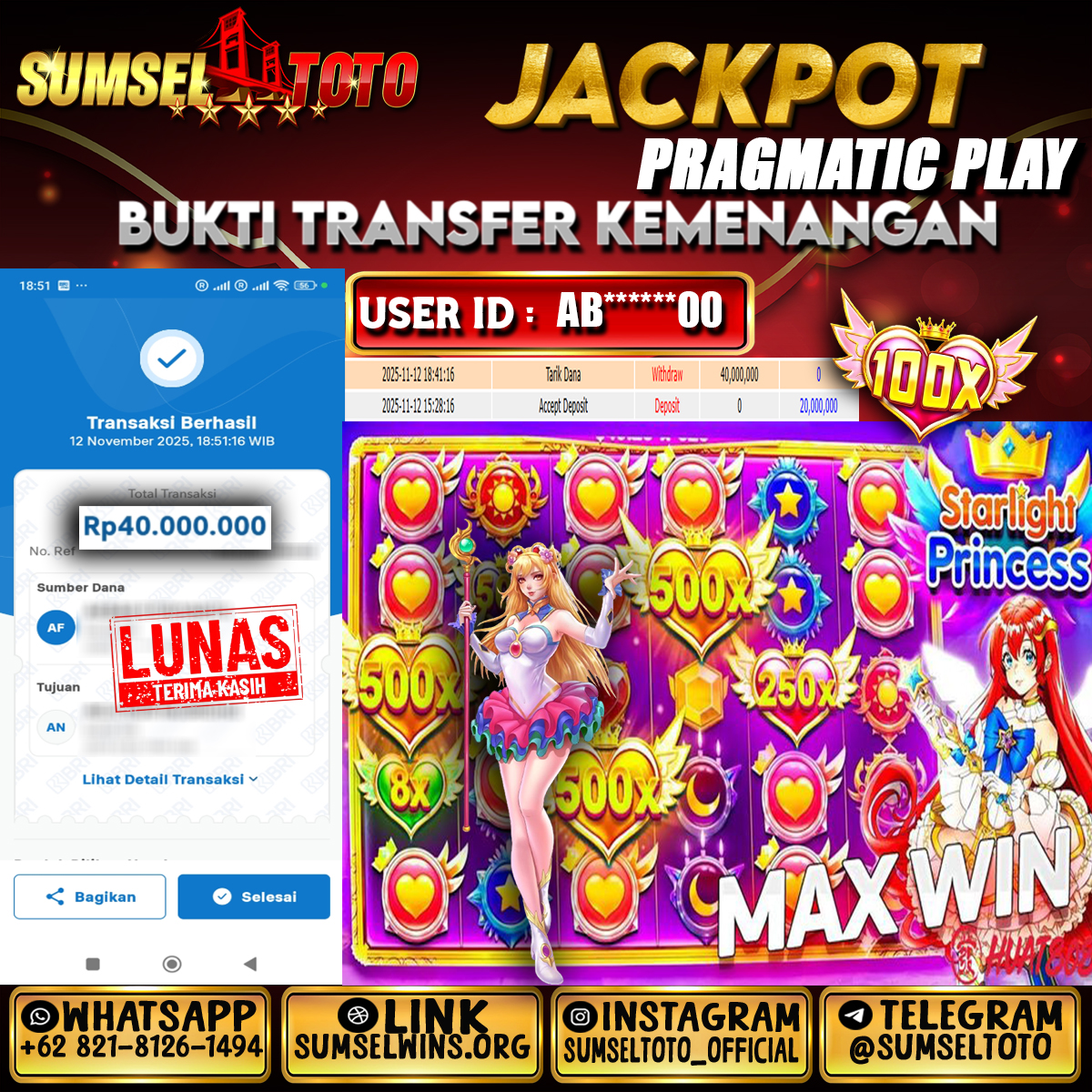 SUMSELTOTO STARLIGHT PRINCESS Rp.40,000,000.,- LUNAS